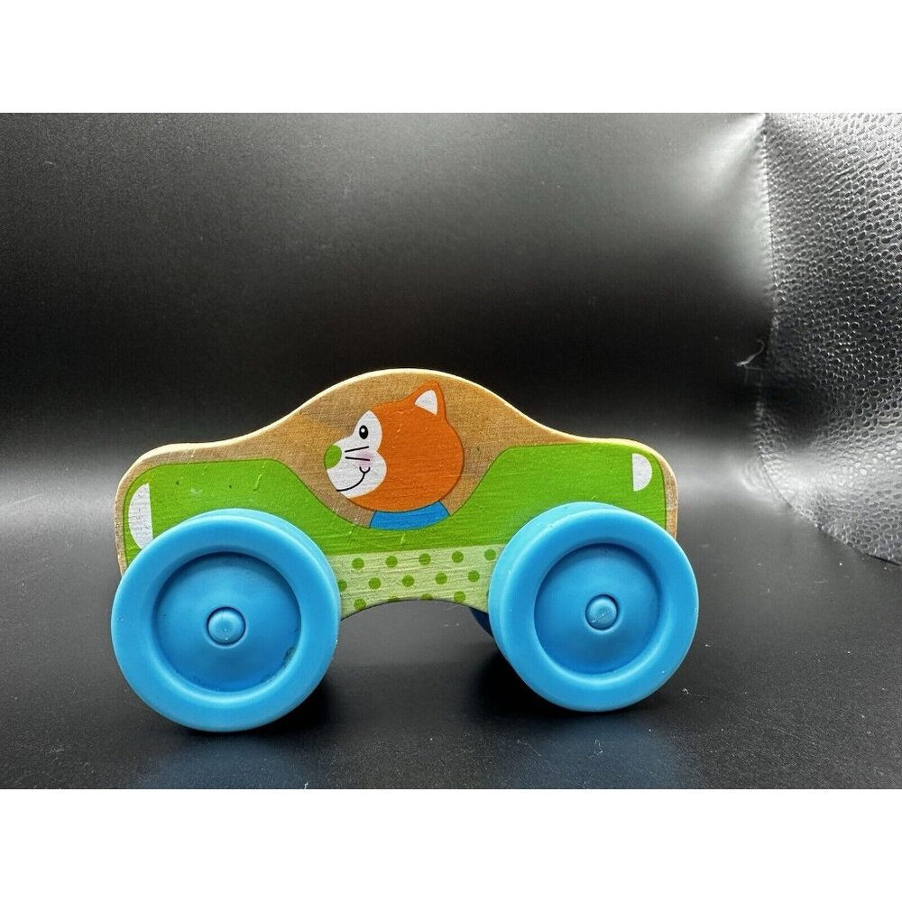Melissa and Doug Stackable Car Wooden Toy orange‎ cat driver blue wheels 4”